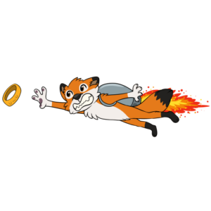 Shire und der Ring Sticker Illustration: Ein Fuchs mit Jetpack fliegt einem Ring hinterher.